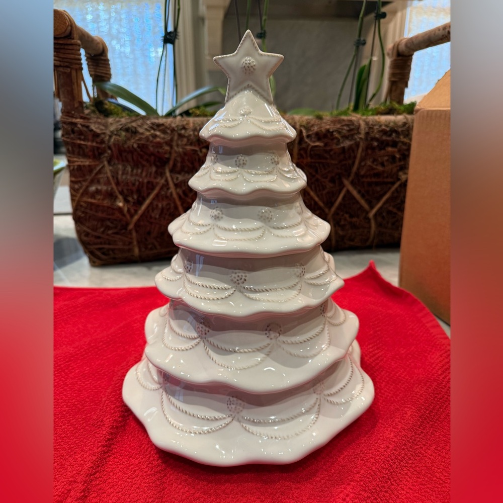 Juliska White Ceramic Holiday Tree Cookie Jar